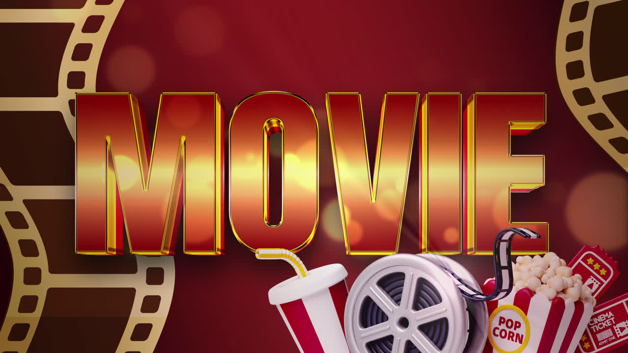 Movie Night Essentials with Popcorn, Film Reel, and Tickets on a Red Background