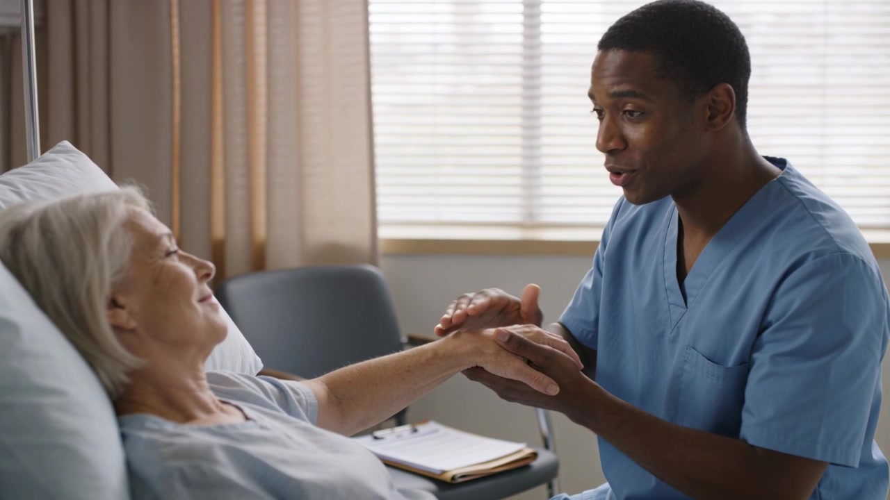 Reaching nurse in scrubs checking patient wrist pulse at bedside with outstretched arm for exam