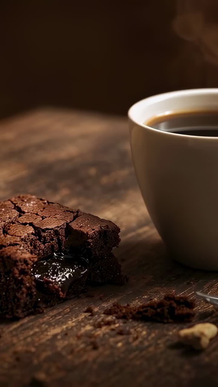 Vertikal video: Hvid kaffekop og halvspist brownie på bordplade, damp stiger op, ske