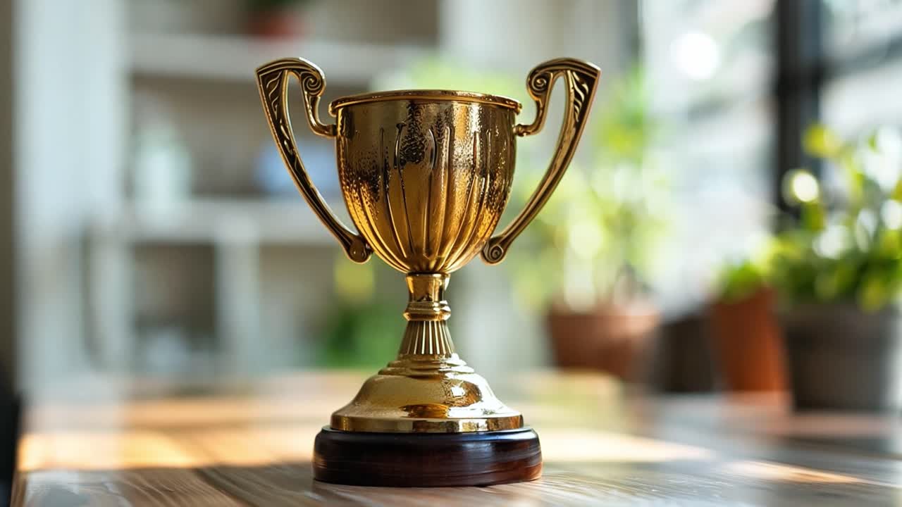 Golden Trophy on Wooden Table