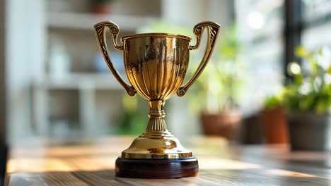 golden trophy on wooden table