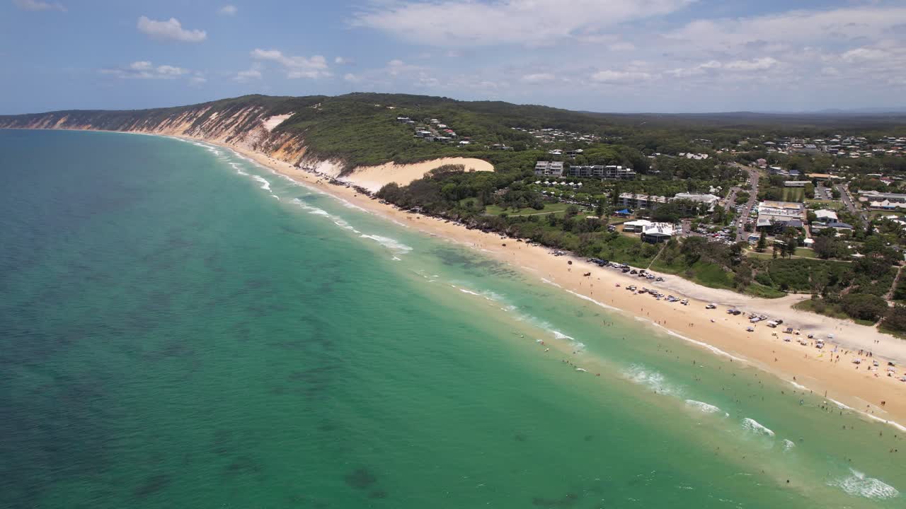 Rainbow Beach With Turquoise Seascape In Queensland, Australia - Aerial Panoramic