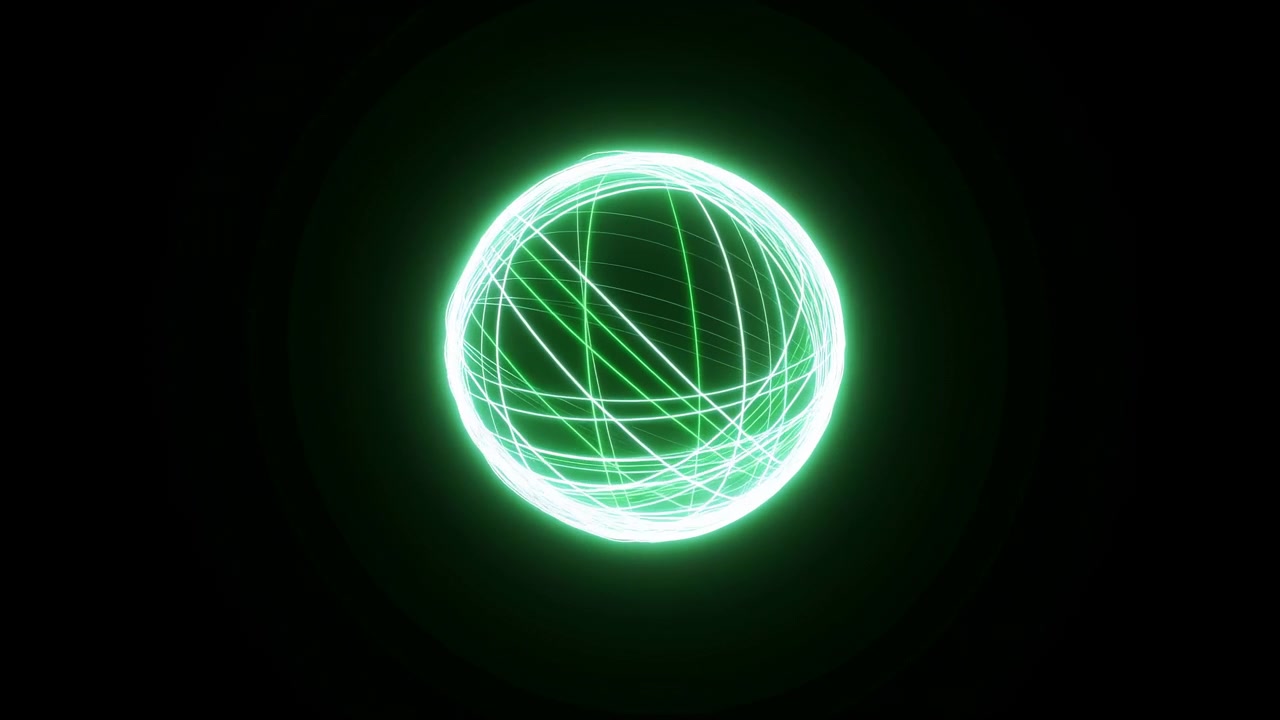Glowing Green Orb Of Light Threads Spiral To Form Luminous Sphere On Black Background, Smooth Rotation