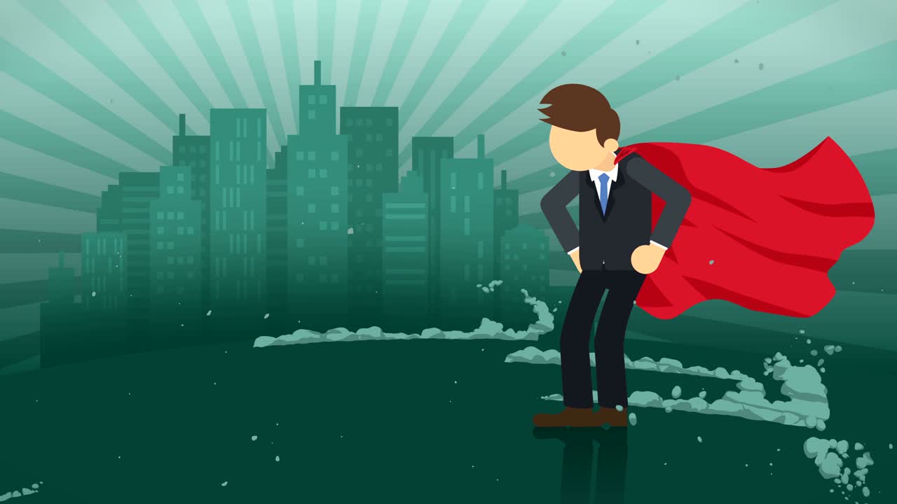 도시 배경에 서있는 슈퍼 히어로, 먼지 구름 근처, 비즈니스 상징, 리더십 및 성취 개념, 만화 루프 애니메이션.