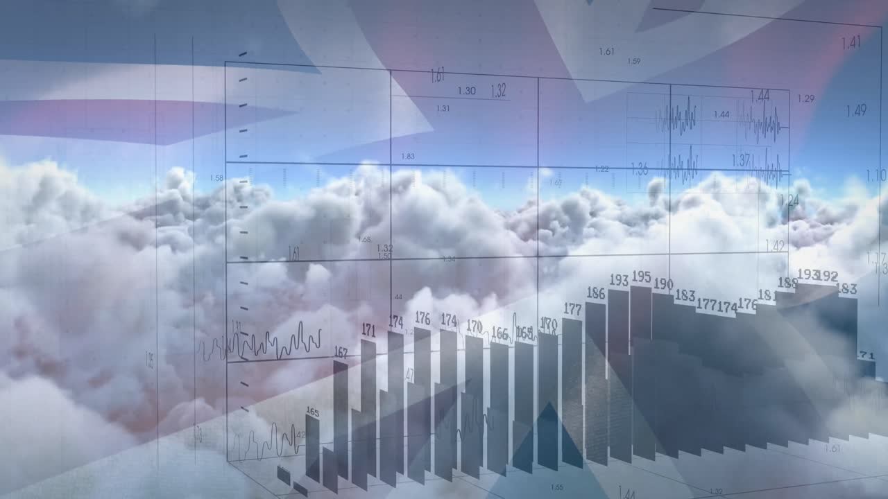 Animation of data processing over clouds and flag of uk