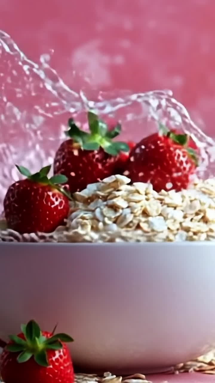 Strawberries in oatmeal. Juicy strawberries cascade into a bowl of oats on a vibrant pink backdrop, creating an appetizing breakfast scene.