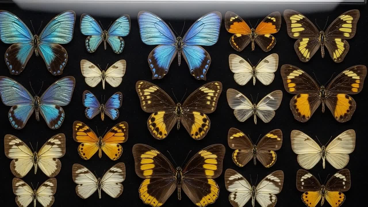 Una splendida collezione di farfalle colorate che mostrano motivi diversi e colori vivaci in uno spettacolo di bellezza naturale e ricchezza entomologica.