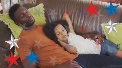 Animation-of-red,-blue-and-white-stars-over-african-american-father-and-daughter-sleeping