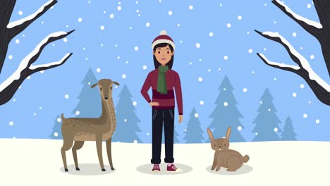 merry christmas animation with woman and animals