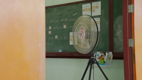 Un-Viejo-Ventilador-Sopla-En-Un-Aula-Retro-Con-Una-Junta-Escolar-Verde