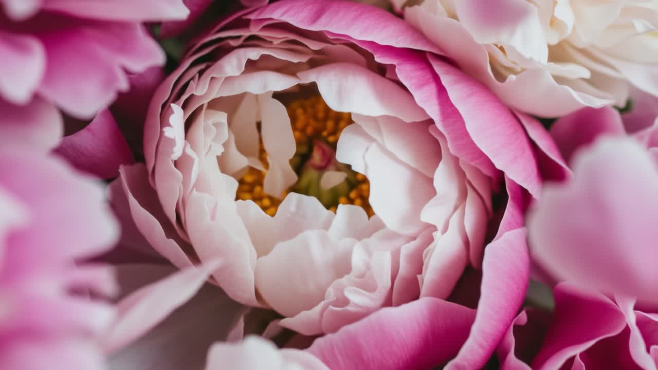 A Captivating Close-Up of a Budding Peony Flower in Soft Pink and Cream Tones, Surrounded by Lush Floral Petals Creating a Serene Nature Scene
