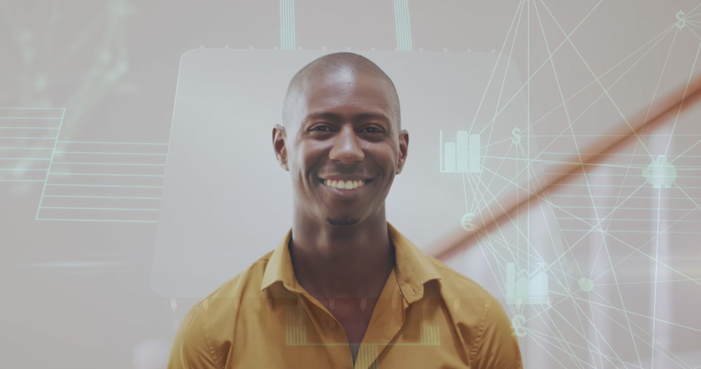 Animation of data processing over african american man smiling