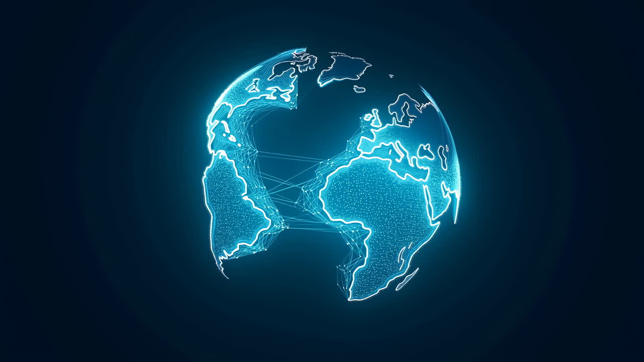 Holographic Globe Showing Network Connections And Flowing Lines, Digital Earth Visualization With Node Mesh