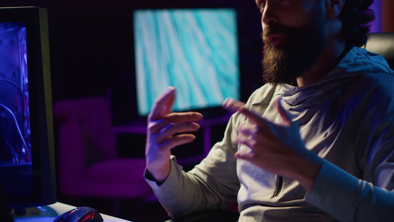 Streamer in studio talking with viewers, presenting his strategy for upcoming esports competition