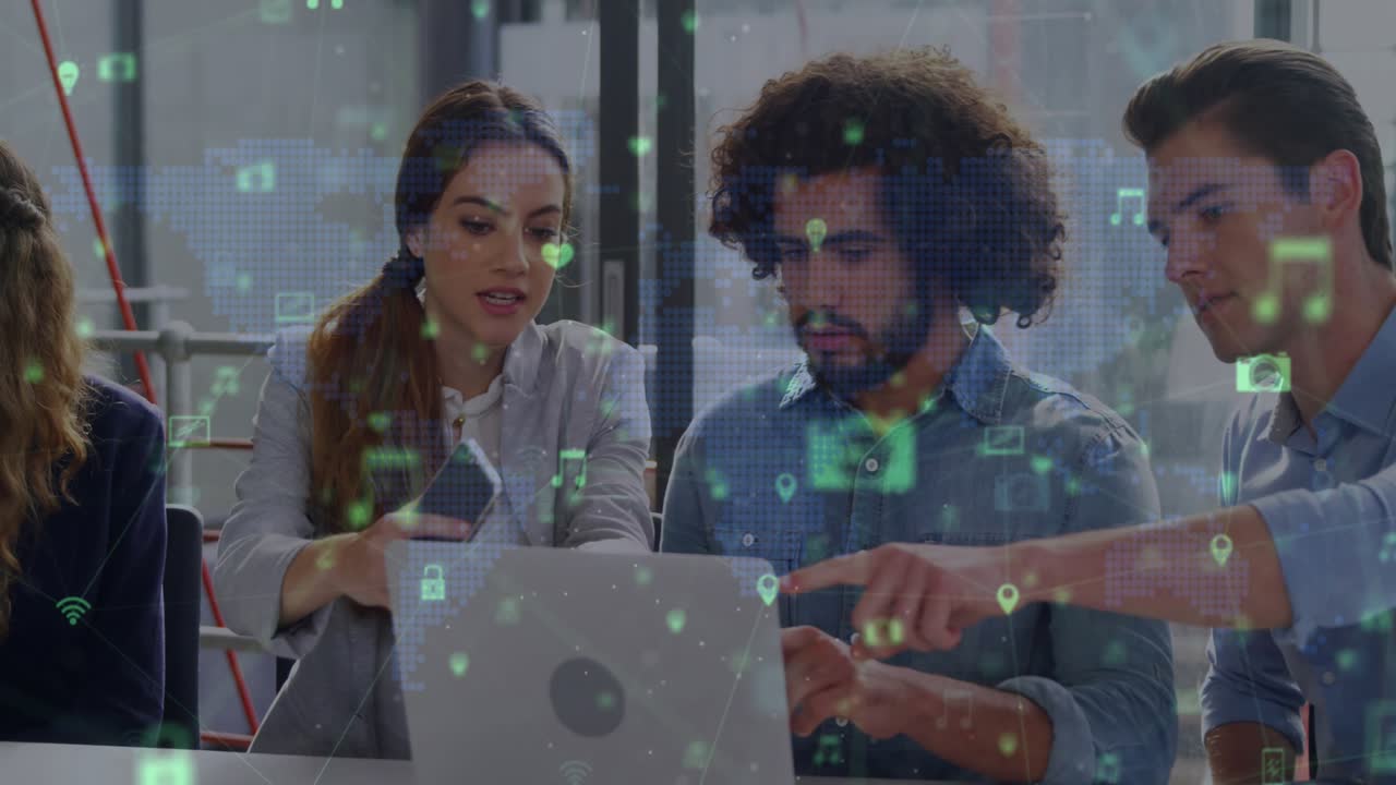Animation of network of connections with icons over diverse female and male coworkers in office