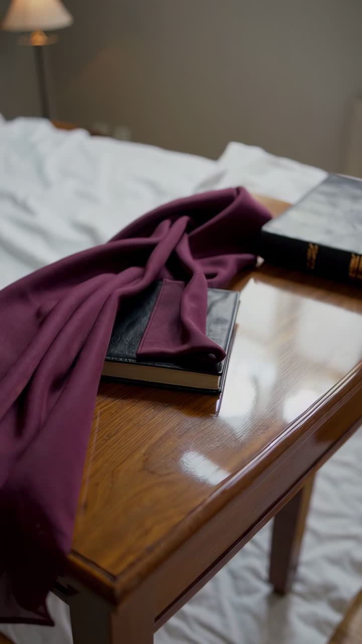 Bible and Maroon Scarf on Nightstand