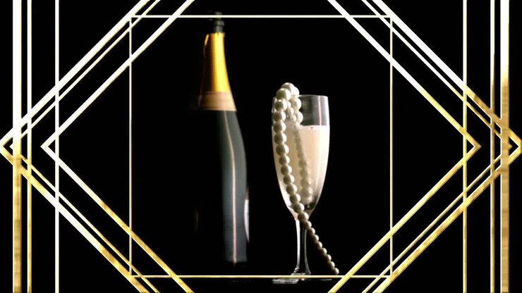 Animazione di motivo geometrico su bottiglia di champagne, perline e bicchiere pieno di champagne