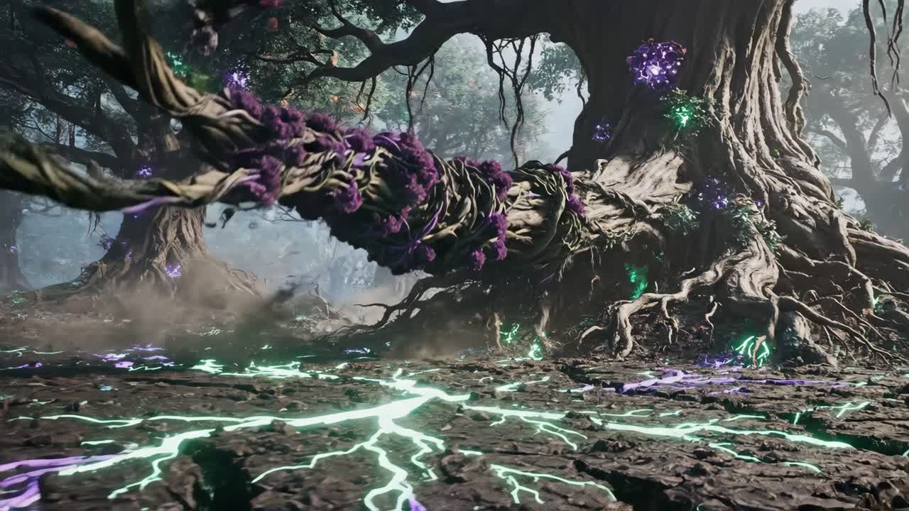 Mystical Fantasy Forest with Glowing Roots and Ancient Trees