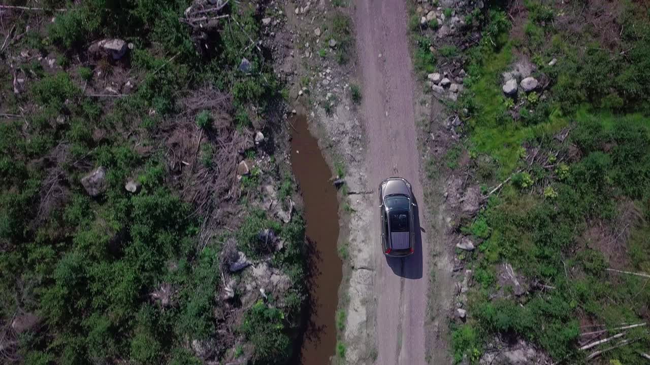 Vista aerea dall'alto di un'auto fuoristrada che guida nella foresta su una strada sterrata deserta.
