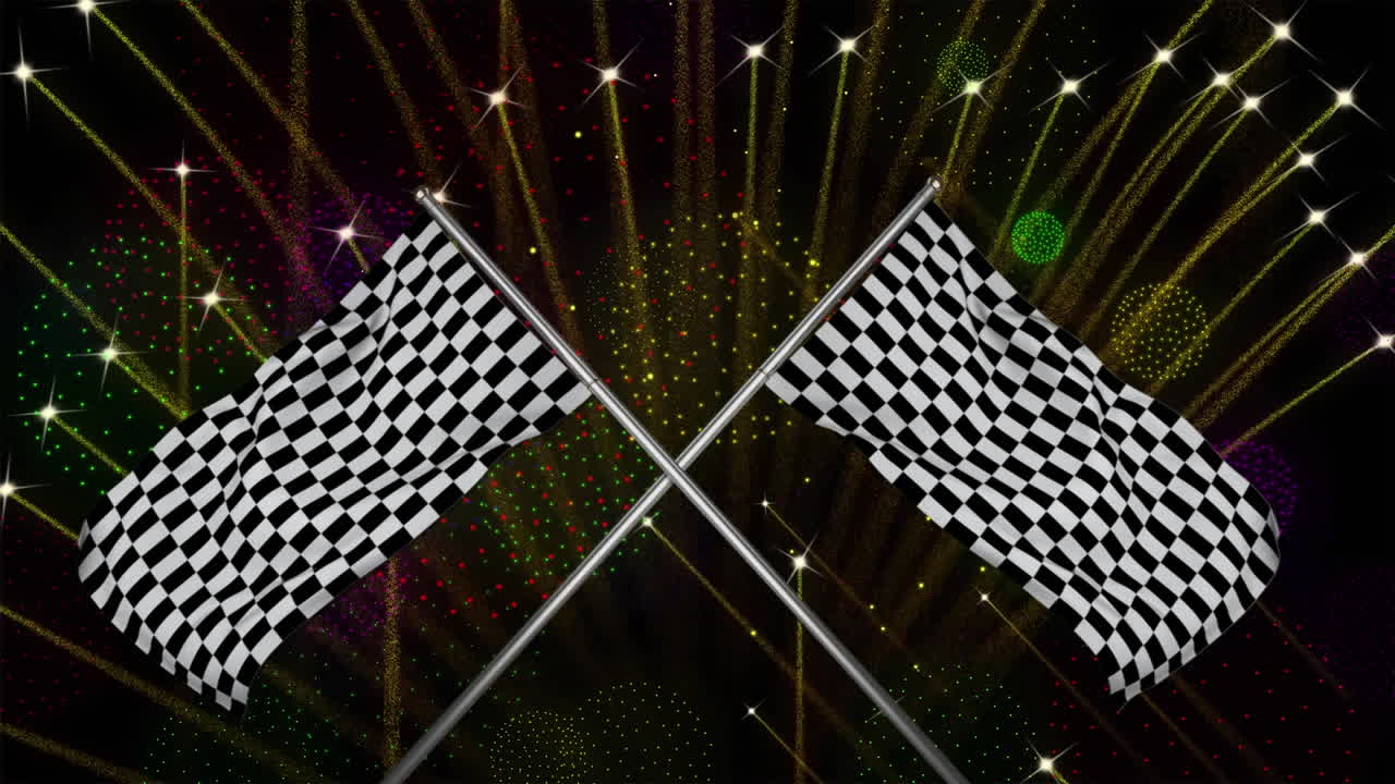 검은색 바탕에 불꽃놀이 위에 체커드 발의 애니메이션