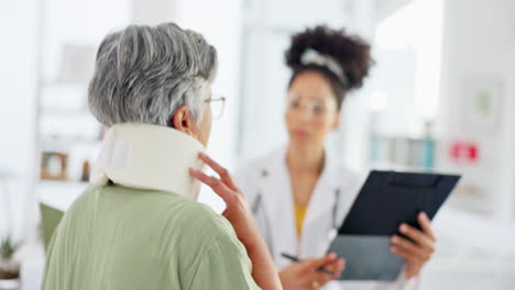 Doctor,-neck-collar-and-senior-woman-talk-to