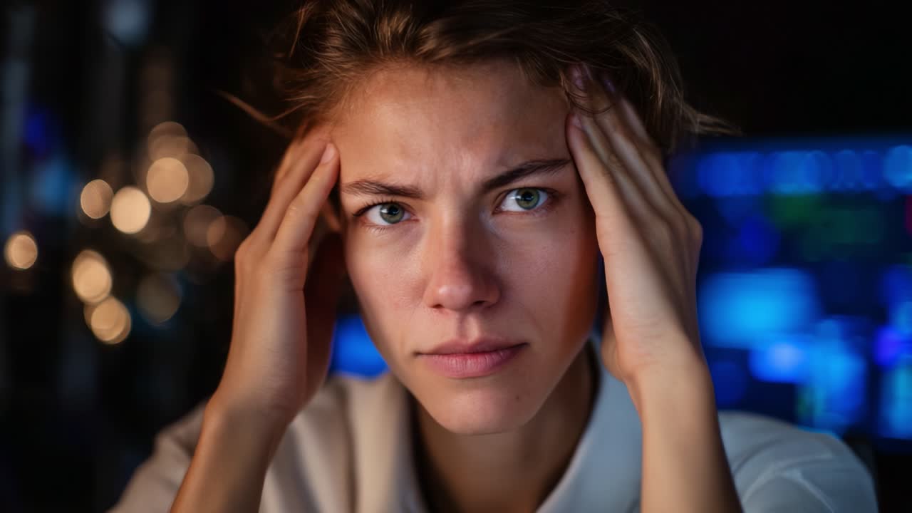 A Young Woman with a Pained Expression, Gripping Her Head as She Struggles with Stress or Anxiety in a Dimly Lit Room Surrounded by Blurred Screens