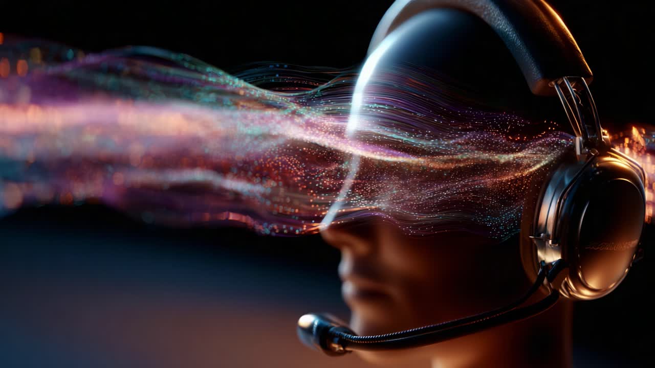 A captivating digital representation of a headset-wearing figure, illustrating the fusion of technology and creativity through mesmerizing light trails and vibrant colors that evoke innovation