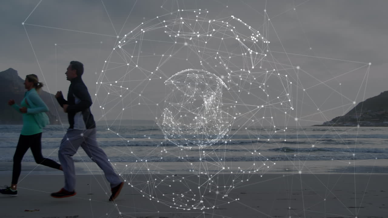 animación del globo y conexiones sobre una pareja de ancianos caucásicos corriendo en el mar