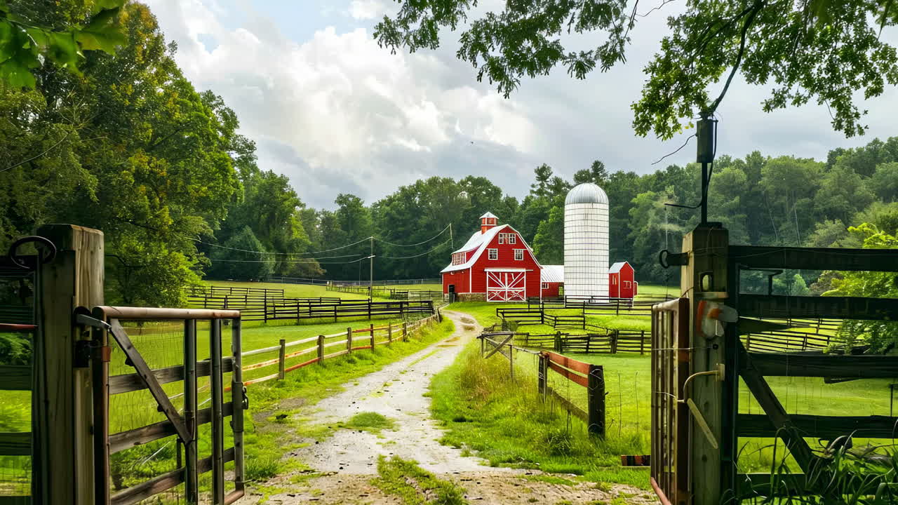 Red barn in green fields. A scenic view of a red barn and a silo in a lush green farm, with a gravel path leading through a wooden gate