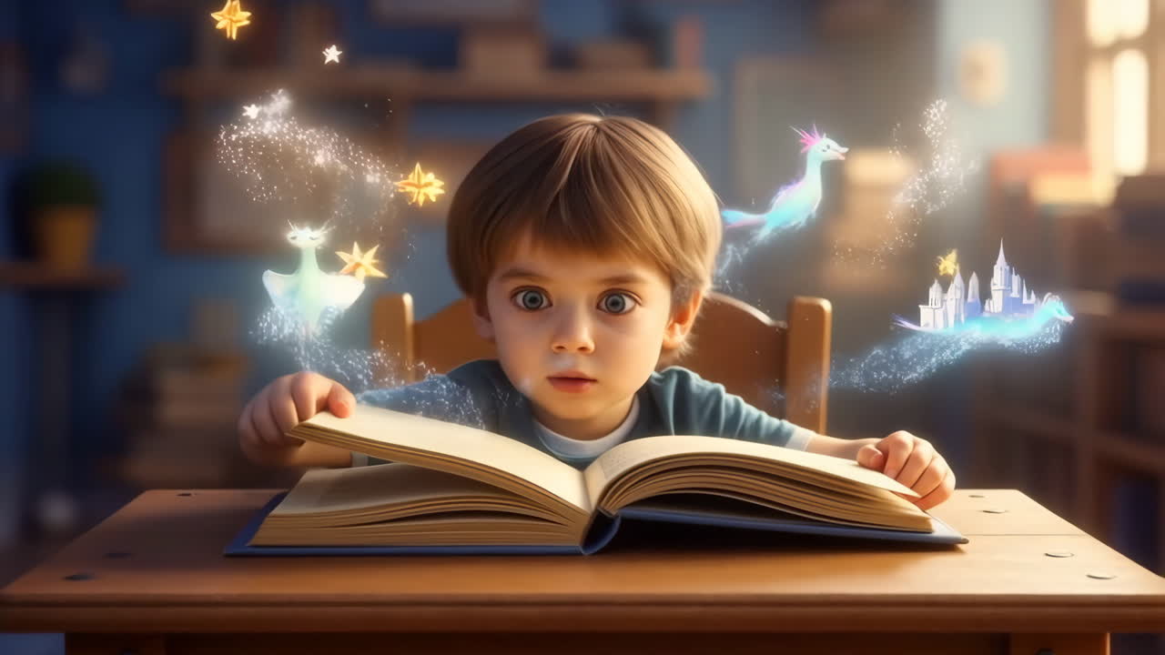 Young boy experiences wonder and magic from an open book