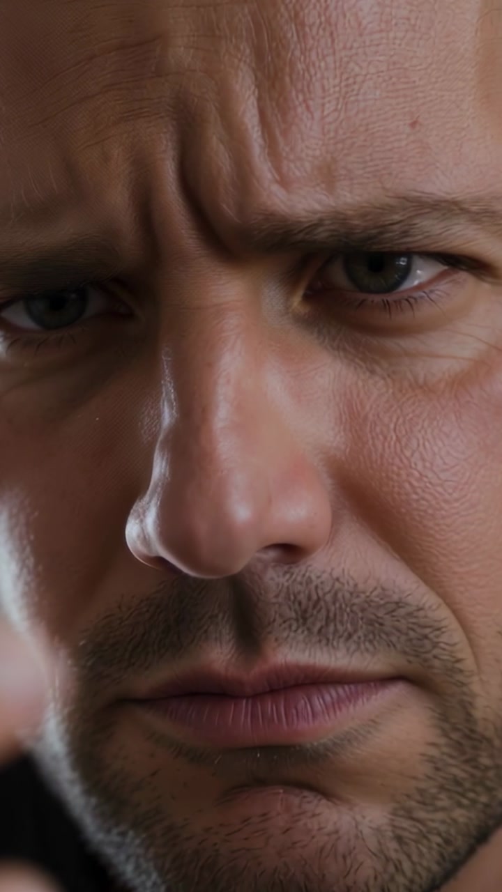 Furrowing male face narrowing eyes, studying offframe object in closeup, handheld device appearing