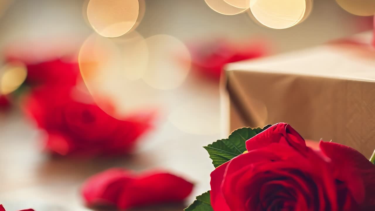 Red roses and petals lie on a wooden table near a gift box with a red ribbon, creating a romantic atmosphere enhanced by a warm bokeh effect in the background