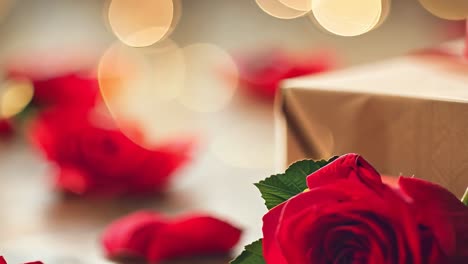 red roses and petals lie on a wooden table near a gift box with a red ribbon, creating a romantic atmosphere enhanced by a warm bokeh effect in the background