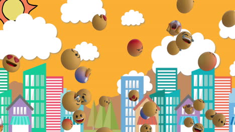 multiple face emojis floating against cityscape