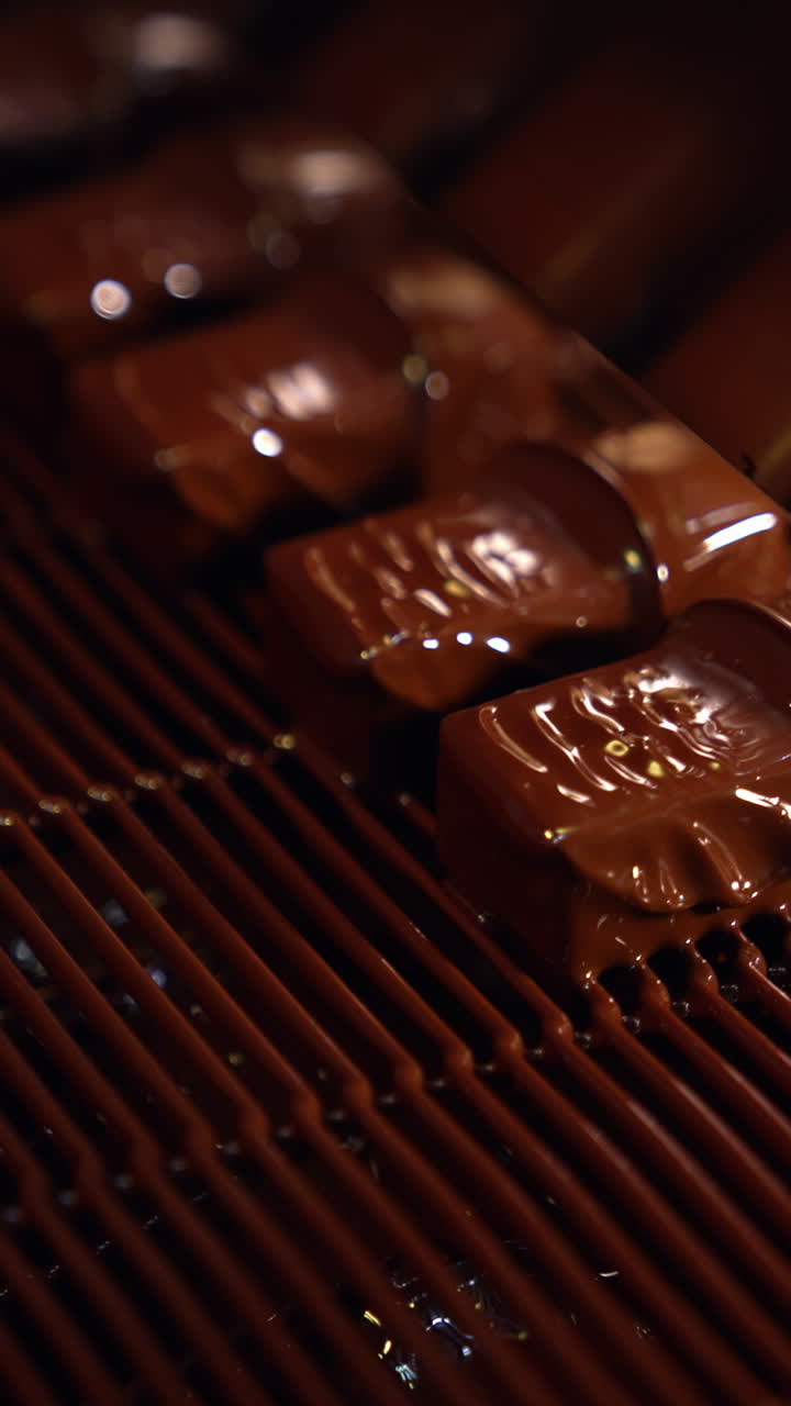 Bars of sweets covered with chocolate. Chocolate bars move along conveyor belt at confectionery factory for the production of sweets. Close up. Vertical video