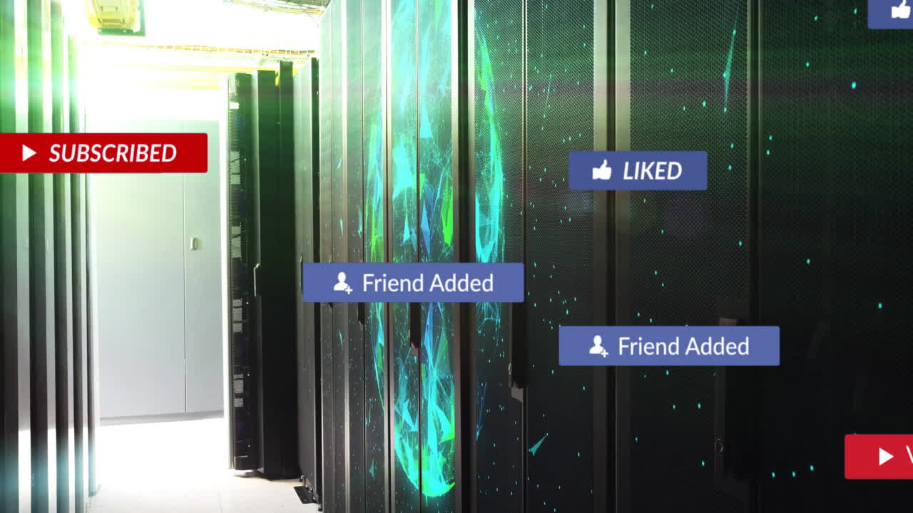 In server room, glowing green data patterns with social media notifications animation