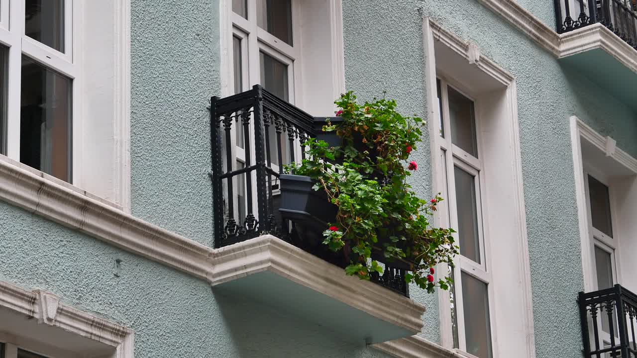 balcón con flores en un edificio de color azul claro