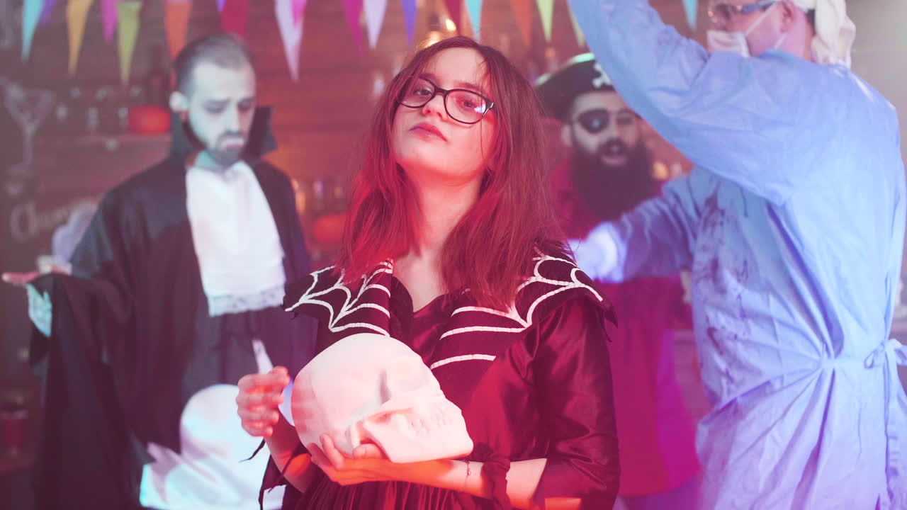 Halloween party with various costumes