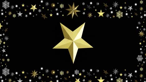 animation of gold star spinning over christmas decorations on black background