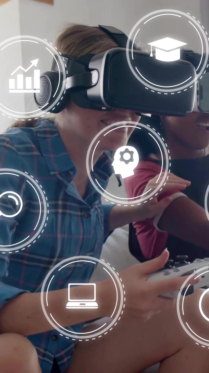 Playing video games with VR headsets, educational icons animation over scene