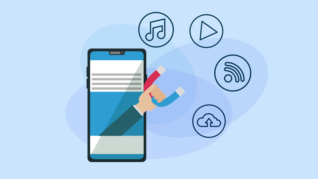 소셜 미디어 마케팅 애니메이션을 가진 스마트 폰 및 자석