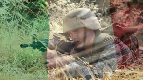 Digital-composition-of-waving-italy-flag-against-soldier-training-with-a-gun-at-training-camp