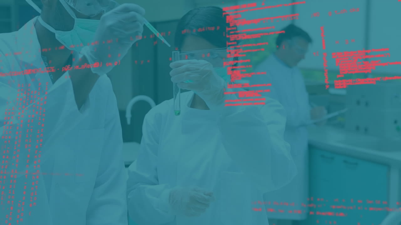 다양한 과학자들이 시험관에서 액체를  ⁇ 는 컴퓨터 언어의 애니메이션