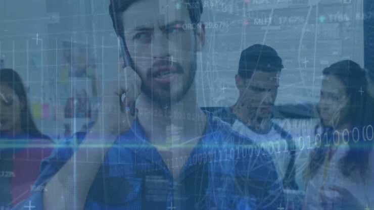 Animation of data processing over diverse business people in office