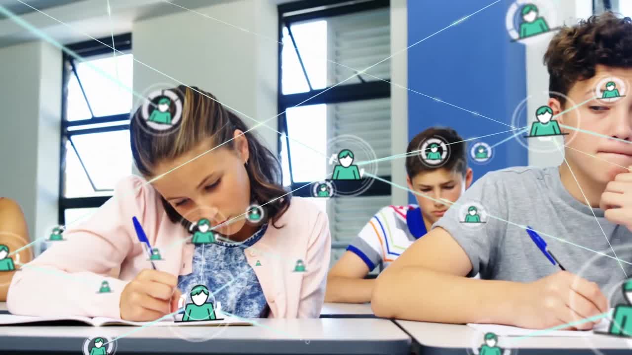 animación de la red de conexiones con iconos sobre diversos estudiantes en el aula