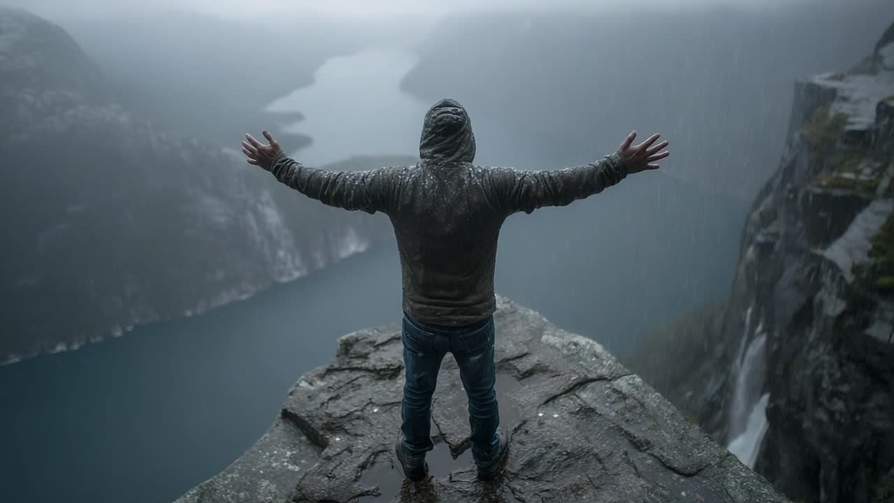 A Solo Adventurer Embraces Nature's Fury at the Edge of a Dramatic Cliff Overlooking a Serene Body of Water Amidst Rain and Misty Mountains