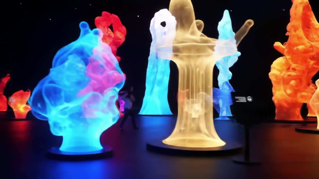 A Mesmerizing Display of Colorful Light Sculptures in a Contemporary Art Installation Showcasing Vibrant Textures and Dynamic Shapes in an Immersive Environment
