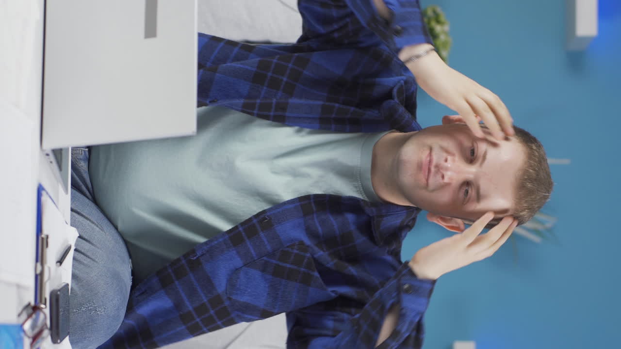 홈 오피스 직원의 수직 비디오 남자가 행복하고 웃는 얼굴로 카메라를 쳐다보고 있습니다.