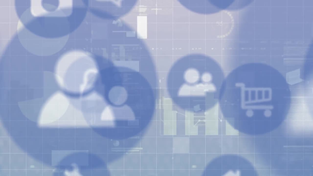 animación de múltiples iconos digitales y procesamiento de datos estadísticos contra un fondo gris