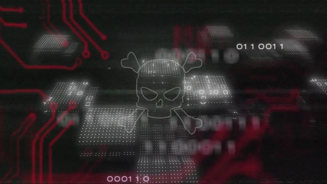Dark grid opening red circuits sliding and binary streaming skull fading signaling hack alert
